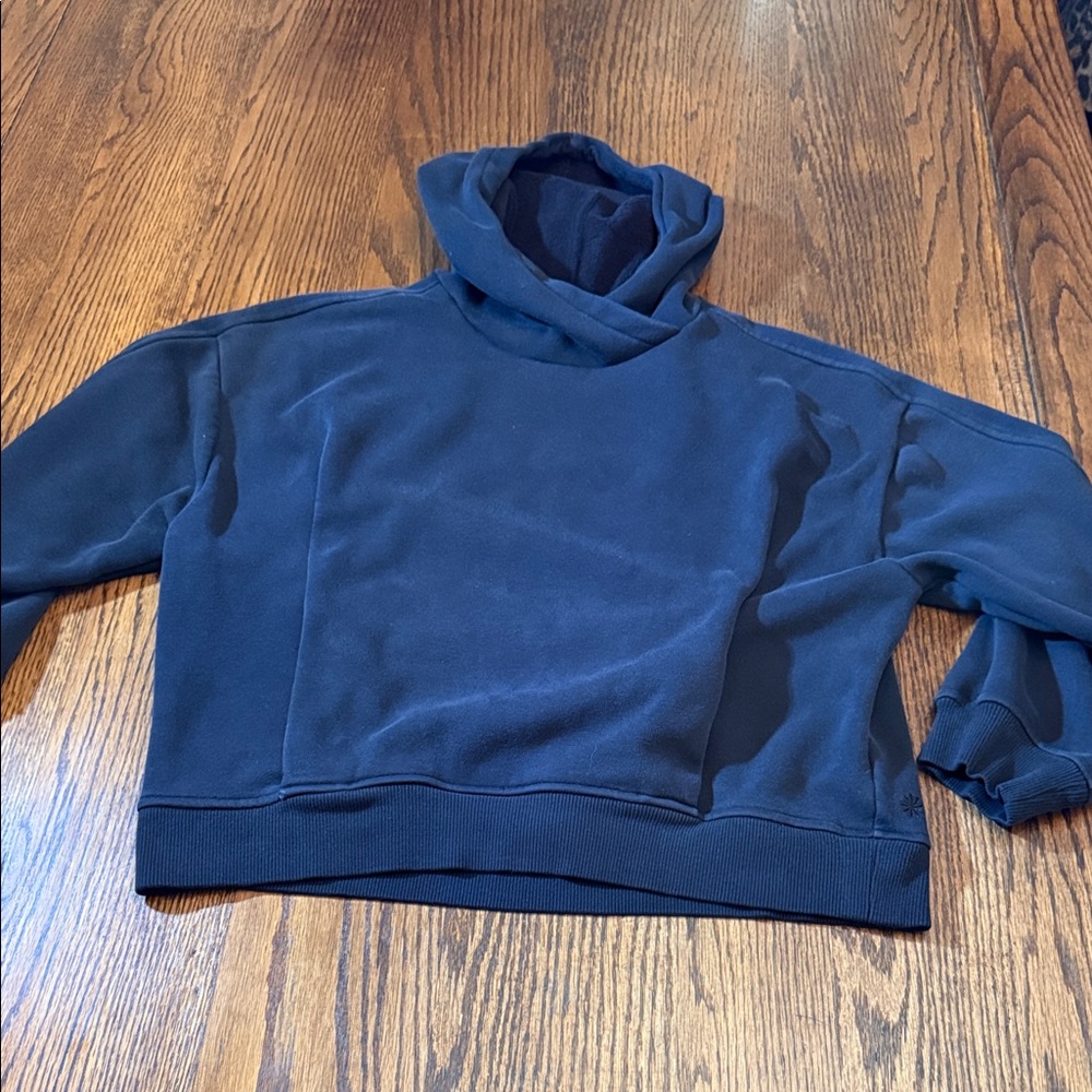 Athleta yoga sporty gym lounge Black Scuba Hoodie Sweatshirt Pullover Size L